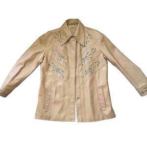 Vintage Tan Faux Leather Jacket Floral Embroidered Western Style Size S/M